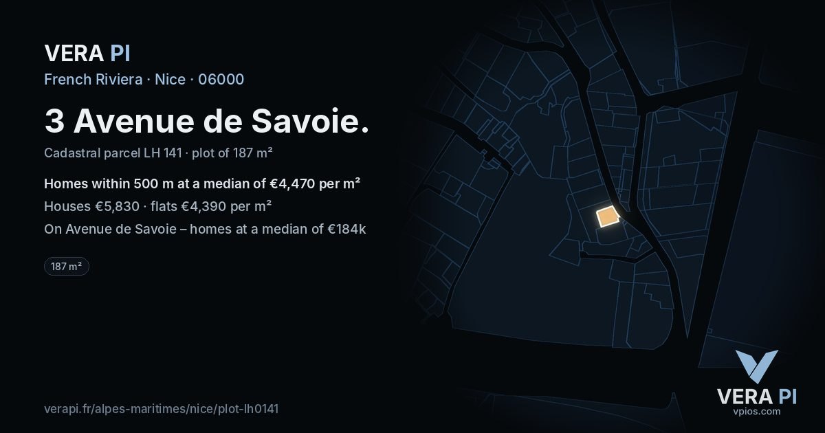 3 Avenue de Savoie, Nice at night – the plot lit, the parcels around coloured by the prices near them