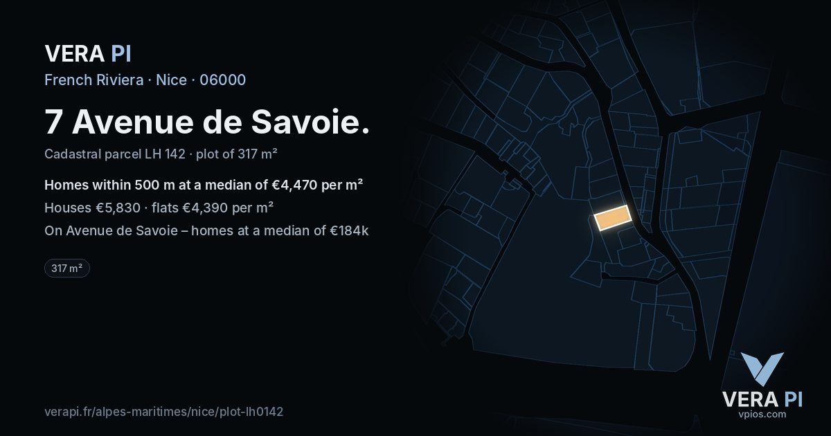 7 Avenue de Savoie, Nice at night – the plot lit, the parcels around coloured by the prices near them