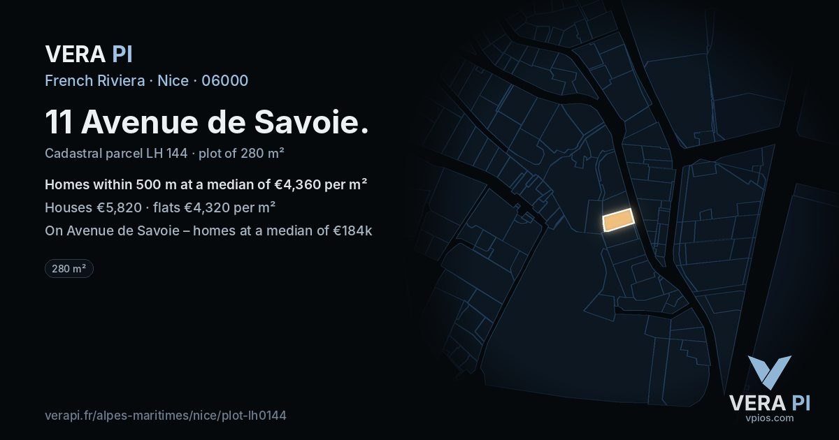 11 Avenue de Savoie, Nice at night – the plot lit, the parcels around coloured by the prices near them