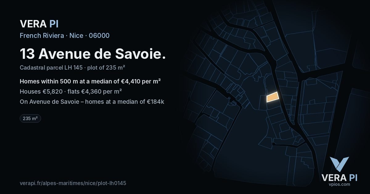 13 Avenue de Savoie, Nice at night – the plot lit, the parcels around coloured by the prices near them