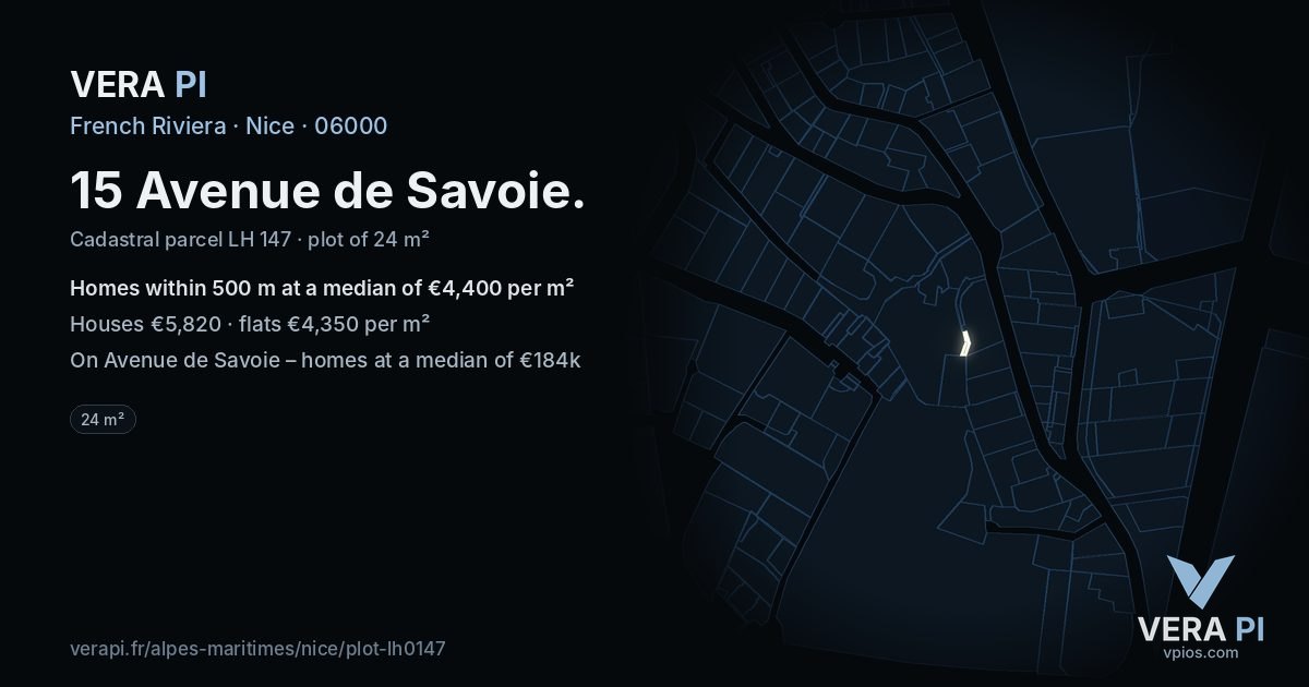 15 Avenue de Savoie, Nice at night – the plot lit, the parcels around coloured by the prices near them