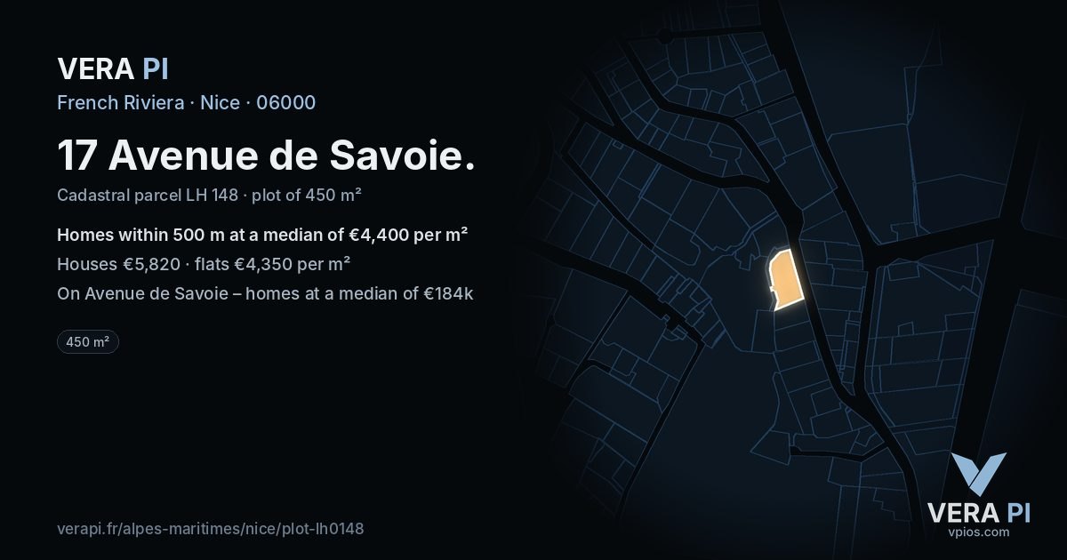 17 Avenue de Savoie, Nice at night – the plot lit, the parcels around coloured by the prices near them