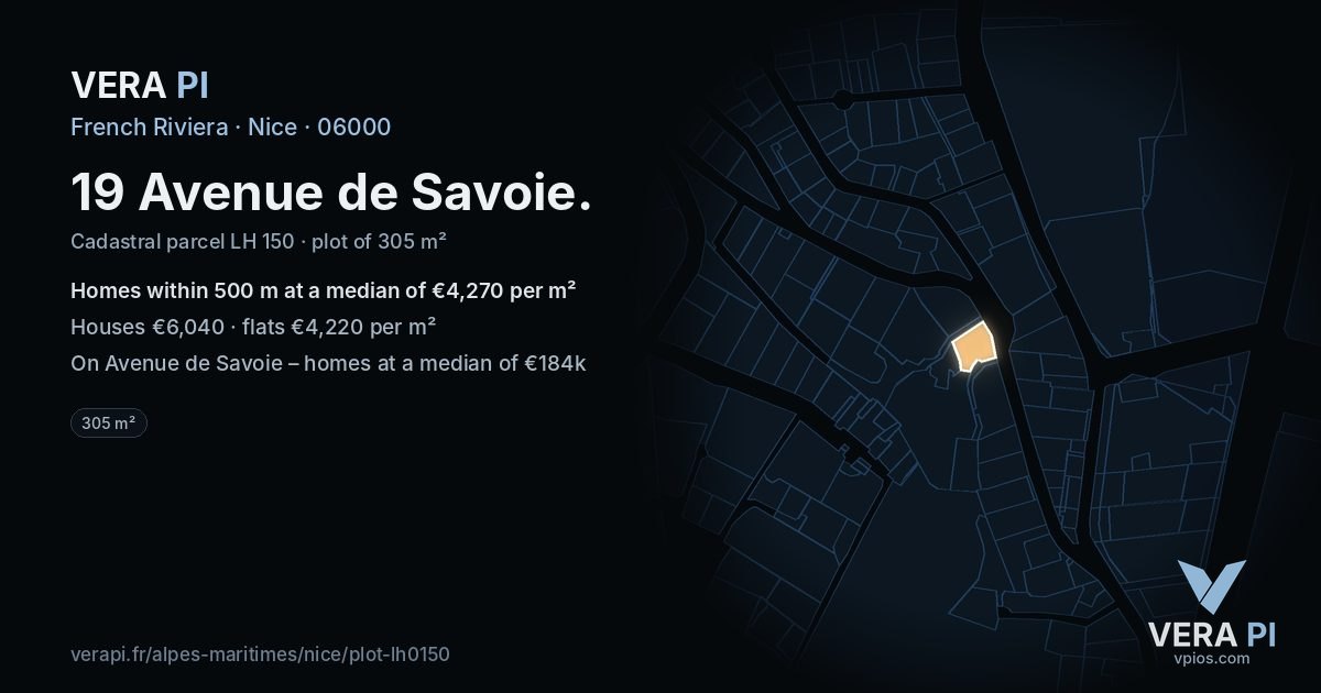 19 Avenue de Savoie, Nice at night – the plot lit, the parcels around coloured by the prices near them