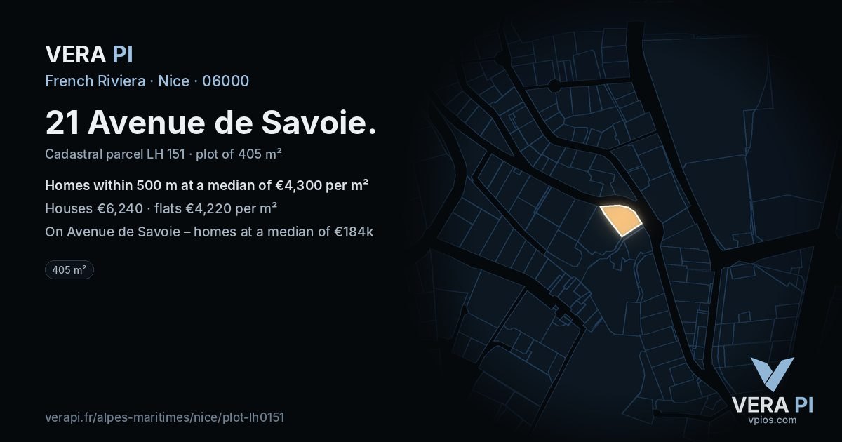 21 Avenue de Savoie, Nice at night – the plot lit, the parcels around coloured by the prices near them