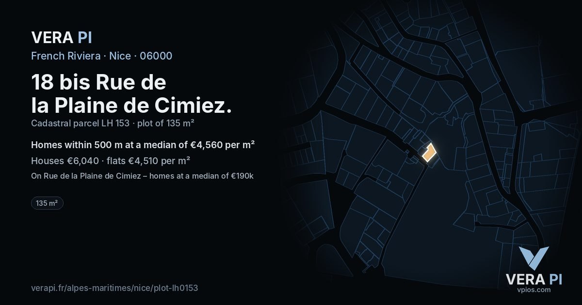 18 bis Rue de la Plaine de Cimiez, Nice at night – the plot lit, the parcels around coloured by the prices near them