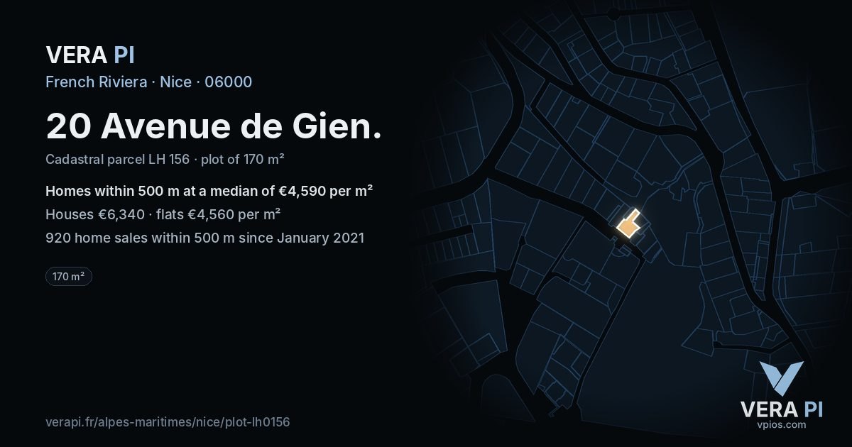 20 Avenue de Gien, Nice at night – the plot lit, the parcels around coloured by the prices near them