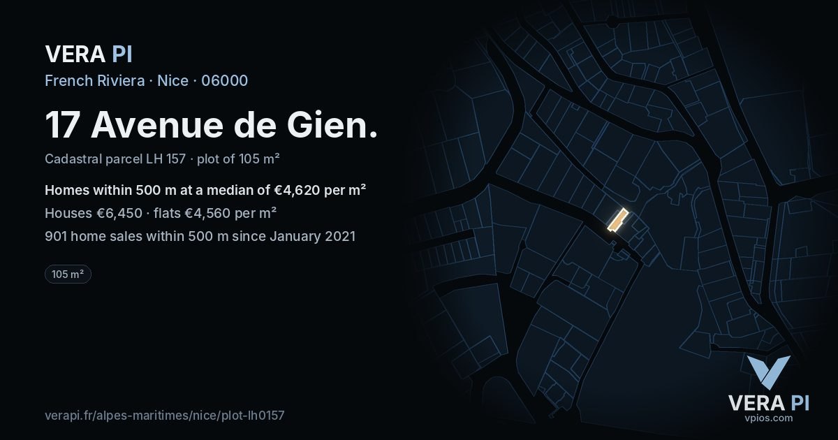 17 Avenue de Gien, Nice at night – the plot lit, the parcels around coloured by the prices near them