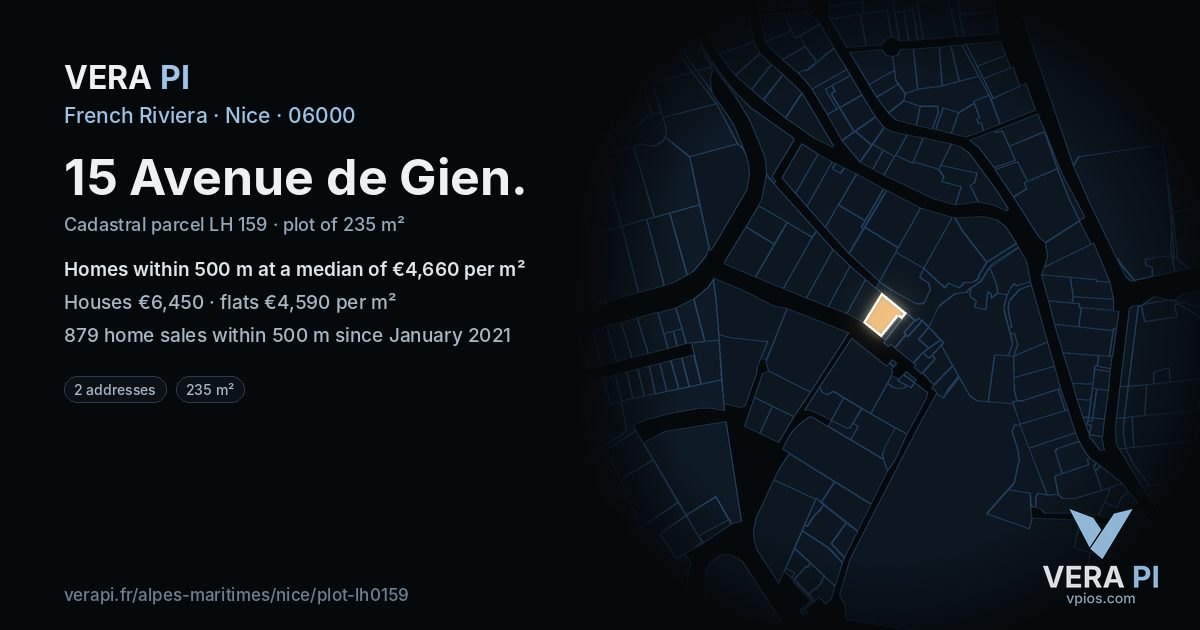 15 Avenue de Gien, Nice at night – the plot lit, the parcels around coloured by the prices near them