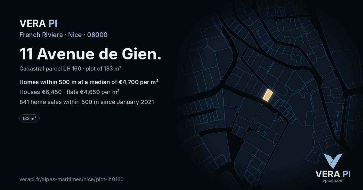 11 Avenue de Gien, Nice at night – the plot lit, the parcels around coloured by the prices near them