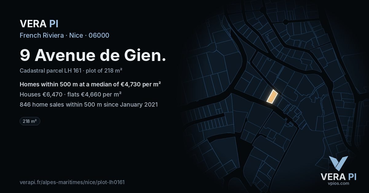 9 Avenue de Gien, Nice at night – the plot lit, the parcels around coloured by the prices near them