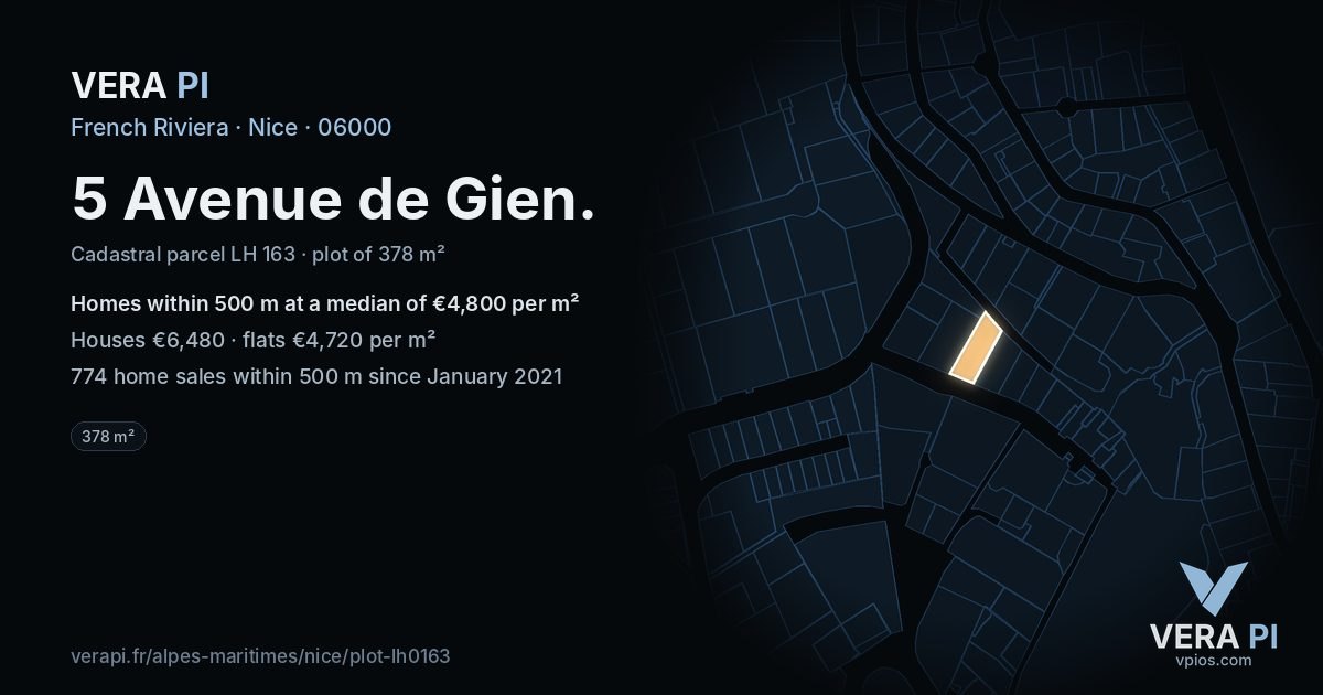 5 Avenue de Gien, Nice at night – the plot lit, the parcels around coloured by the prices near them