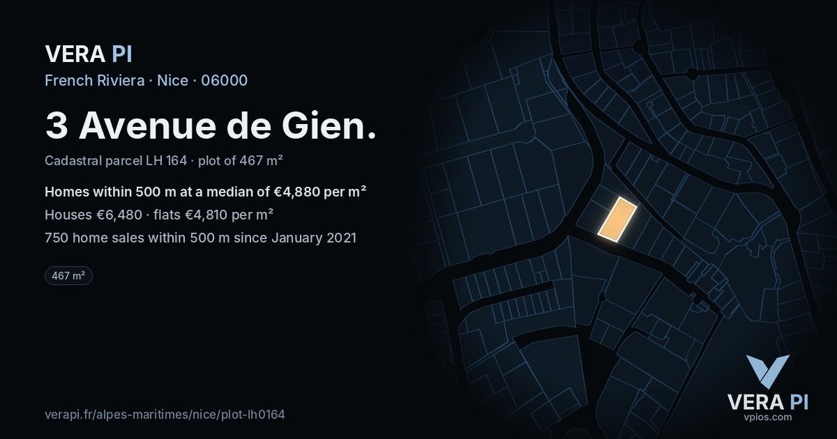 3 Avenue de Gien, Nice at night – the plot lit, the parcels around coloured by the prices near them