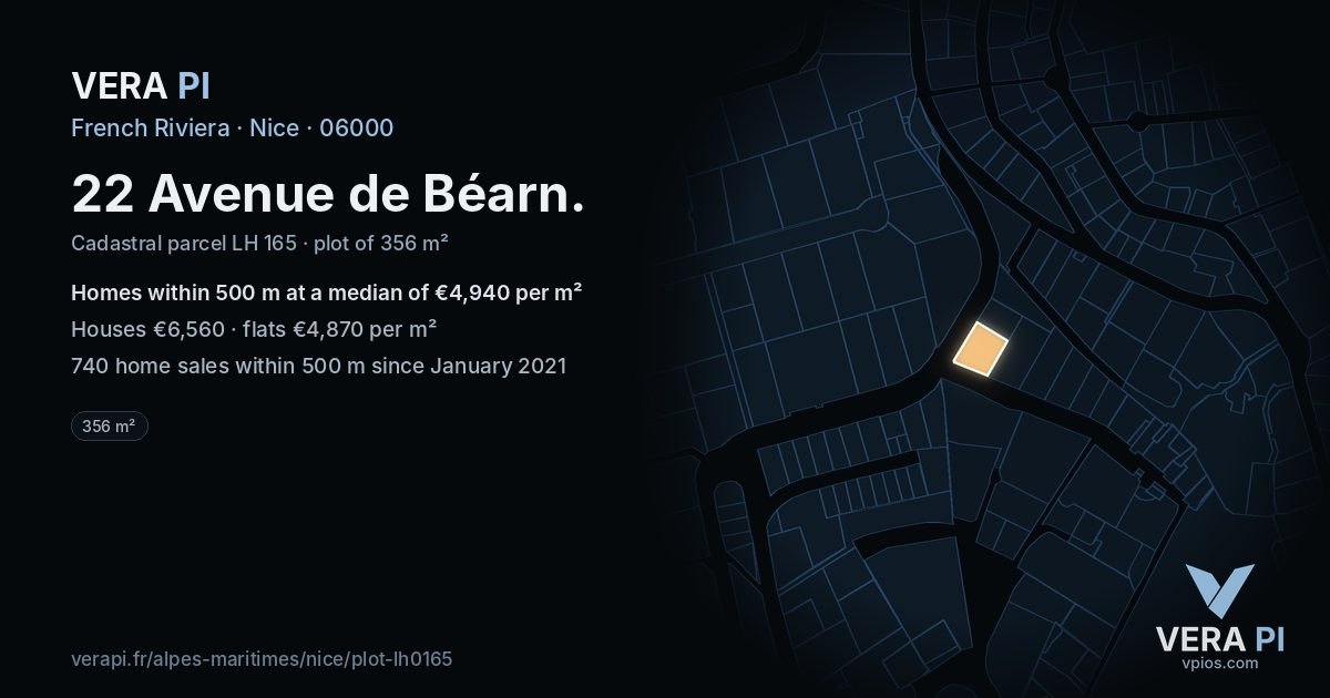 22 Avenue de Béarn, Nice at night – the plot lit, the parcels around coloured by the prices near them