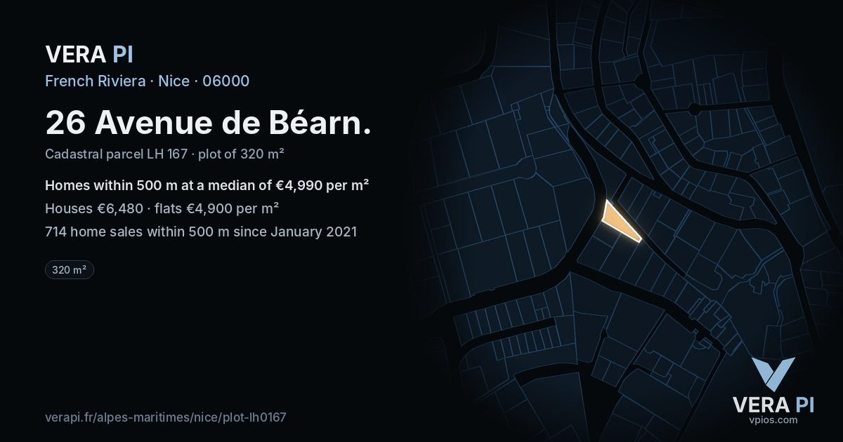 26 Avenue de Béarn, Nice at night – the plot lit, the parcels around coloured by the prices near them