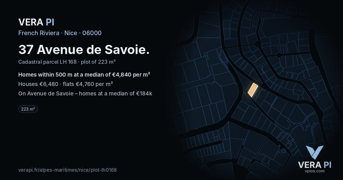37 Avenue de Savoie, Nice at night – the plot lit, the parcels around coloured by the prices near them