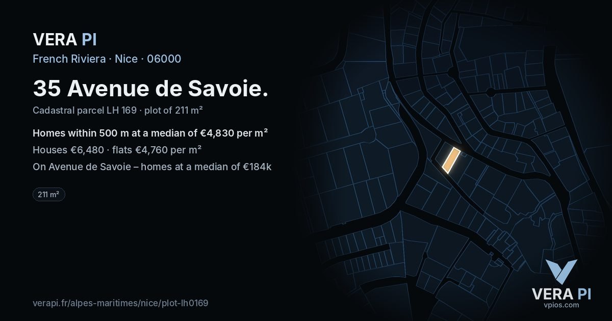35 Avenue de Savoie, Nice at night – the plot lit, the parcels around coloured by the prices near them
