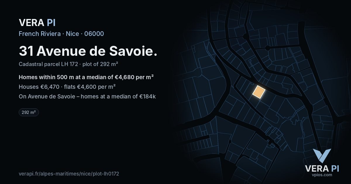 31 Avenue de Savoie, Nice at night – the plot lit, the parcels around coloured by the prices near them
