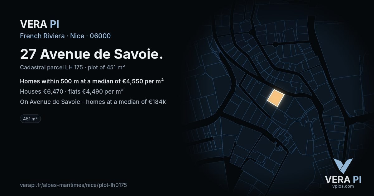 27 Avenue de Savoie, Nice at night – the plot lit, the parcels around coloured by the prices near them