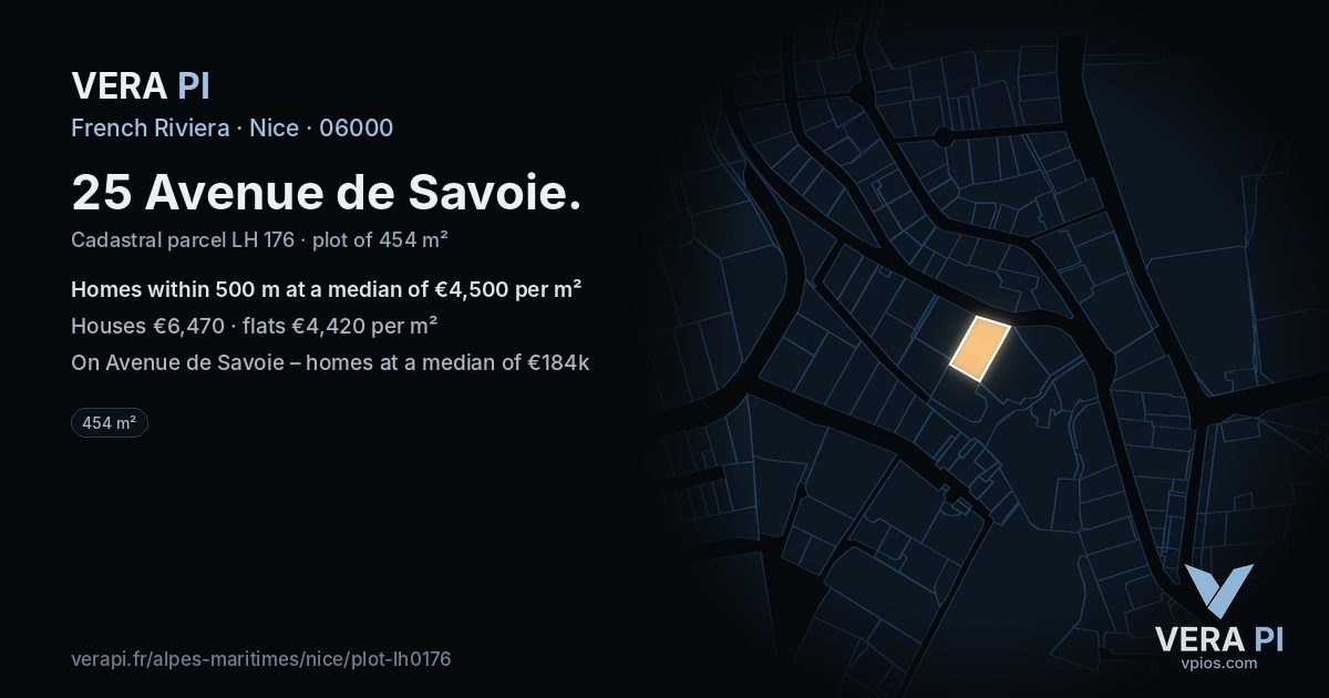 25 Avenue de Savoie, Nice at night – the plot lit, the parcels around coloured by the prices near them