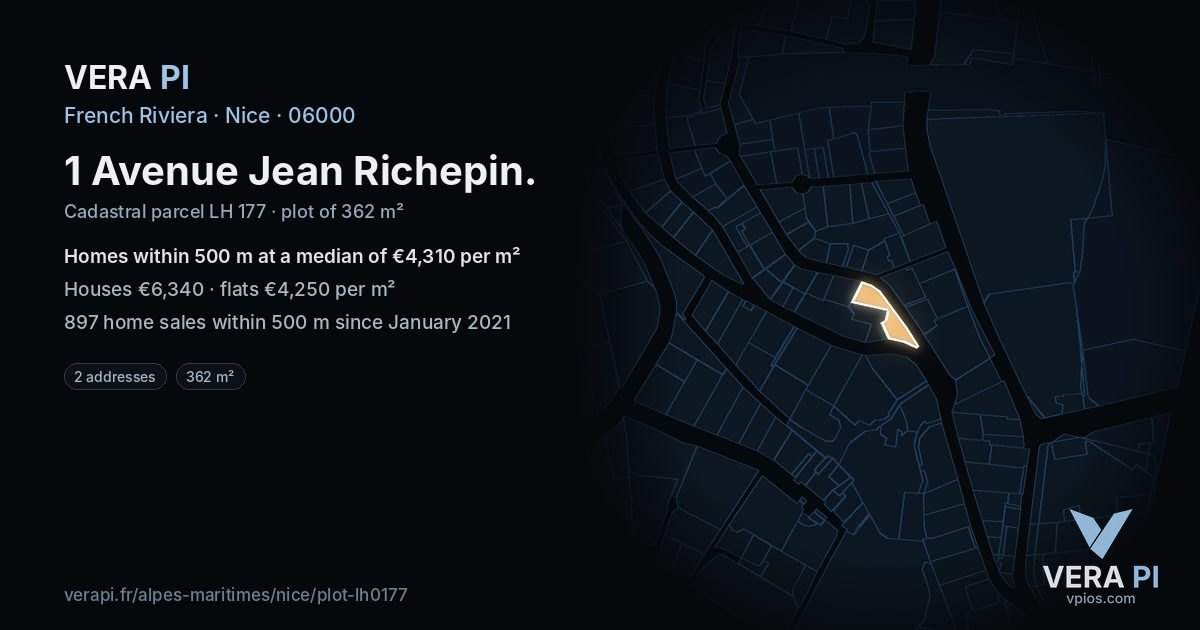 1 Avenue Jean Richepin, Nice at night – the plot lit, the parcels around coloured by the prices near them