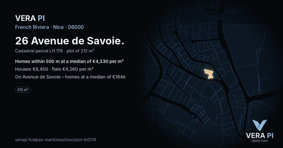 26 Avenue de Savoie, Nice at night – the plot lit, the parcels around coloured by the prices near them