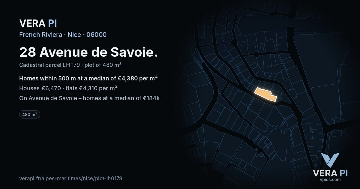 28 Avenue de Savoie, Nice at night – the plot lit, the parcels around coloured by the prices near them