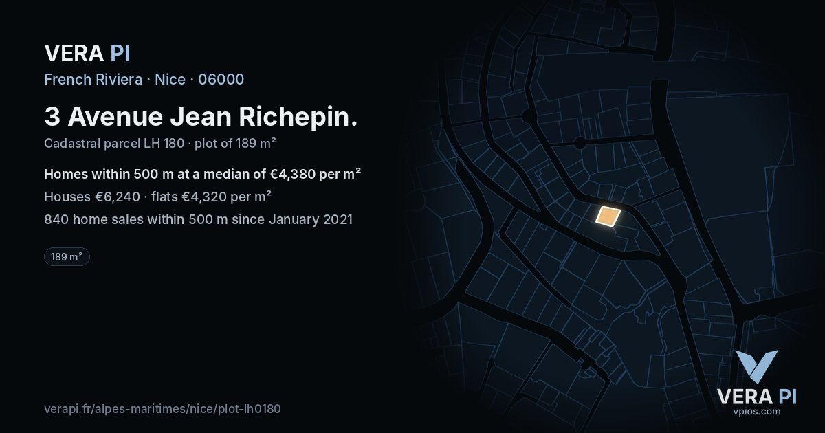 3 Avenue Jean Richepin, Nice at night – the plot lit, the parcels around coloured by the prices near them