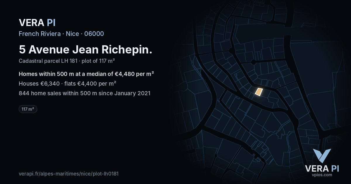 5 Avenue Jean Richepin, Nice at night – the plot lit, the parcels around coloured by the prices near them