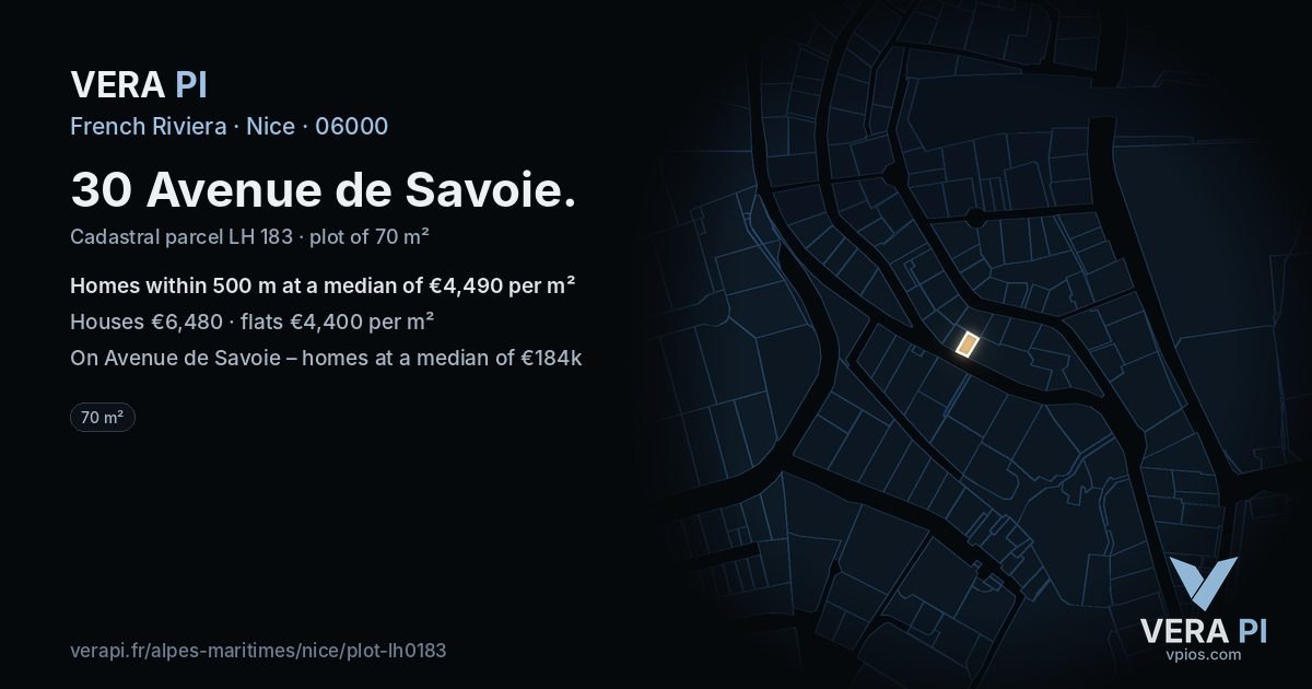 30 Avenue de Savoie, Nice at night – the plot lit, the parcels around coloured by the prices near them