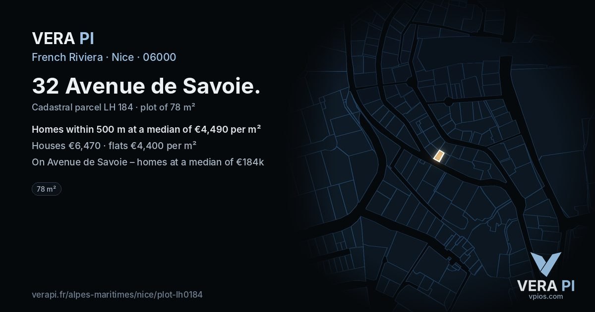 32 Avenue de Savoie, Nice at night – the plot lit, the parcels around coloured by the prices near them