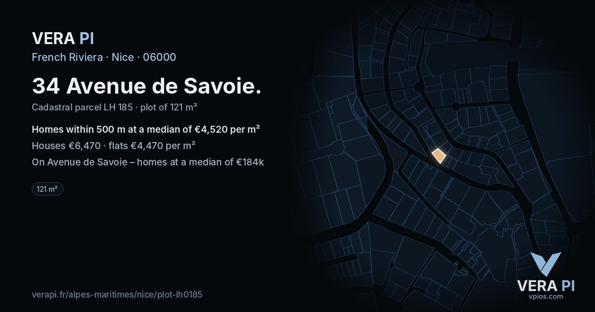 34 Avenue de Savoie, Nice at night – the plot lit, the parcels around coloured by the prices near them
