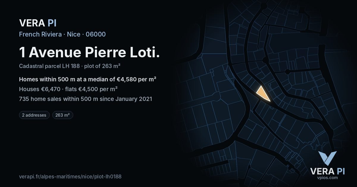 1 Avenue Pierre Loti, Nice at night – the plot lit, the parcels around coloured by the prices near them