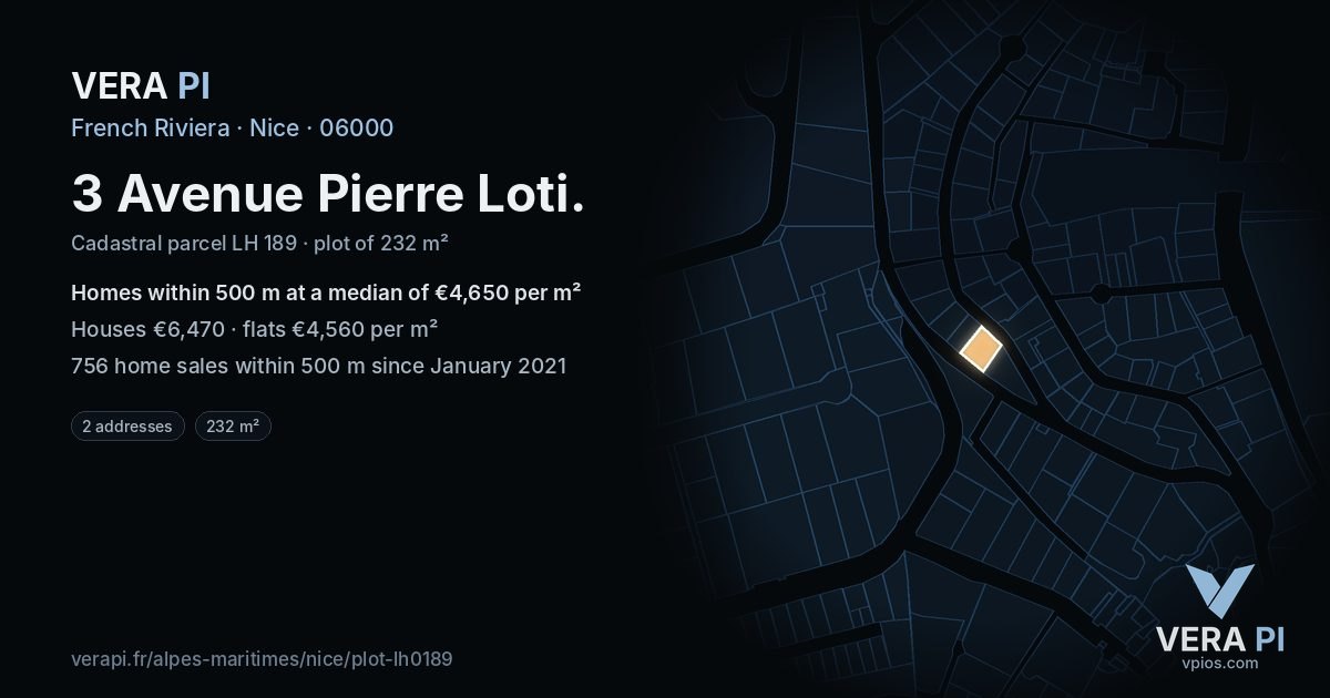 3 Avenue Pierre Loti, Nice at night – the plot lit, the parcels around coloured by the prices near them