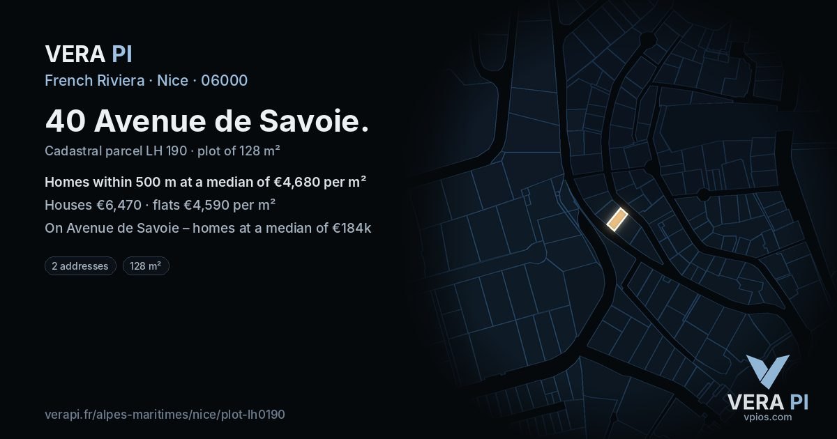 40 Avenue de Savoie, Nice at night – the plot lit, the parcels around coloured by the prices near them