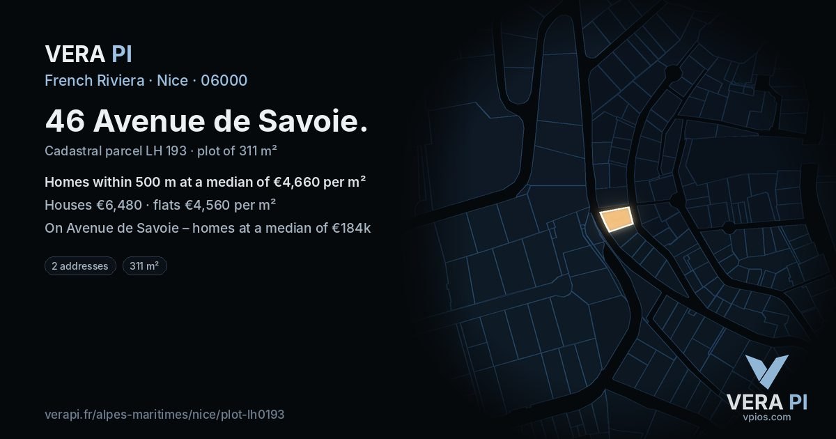 46 Avenue de Savoie, Nice at night – the plot lit, the parcels around coloured by the prices near them
