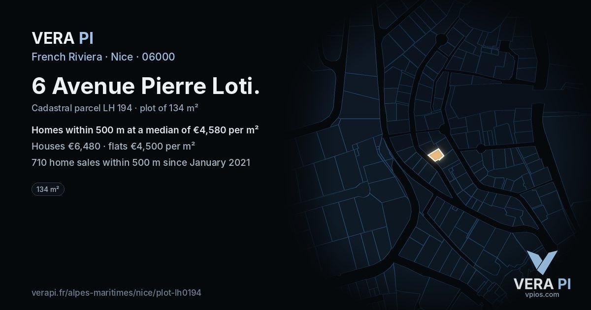 6 Avenue Pierre Loti, Nice at night – the plot lit, the parcels around coloured by the prices near them