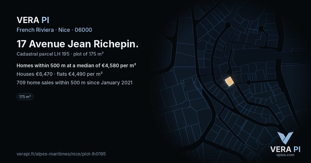 17 Avenue Jean Richepin, Nice at night – the plot lit, the parcels around coloured by the prices near them