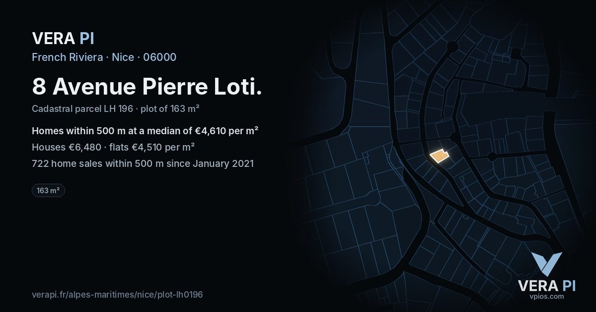 8 Avenue Pierre Loti, Nice at night – the plot lit, the parcels around coloured by the prices near them