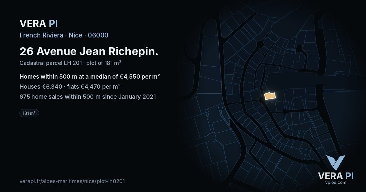 26 Avenue Jean Richepin, Nice at night – the plot lit, the parcels around coloured by the prices near them