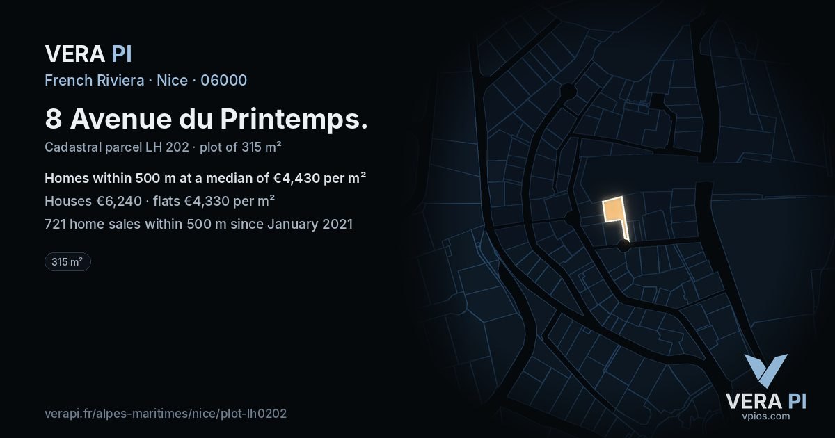 8 Avenue du Printemps, Nice at night – the plot lit, the parcels around coloured by the prices near them