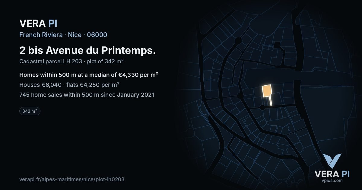 2 bis Avenue du Printemps, Nice at night – the plot lit, the parcels around coloured by the prices near them