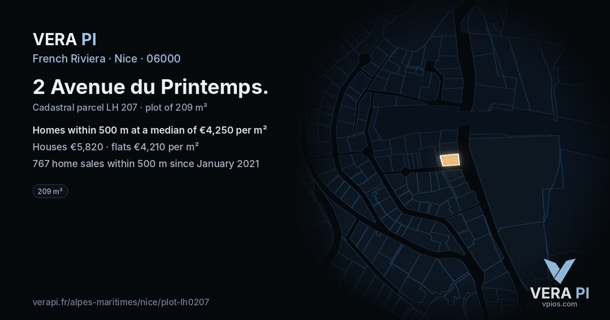 2 Avenue du Printemps, Nice at night – the plot lit, the parcels around coloured by the prices near them