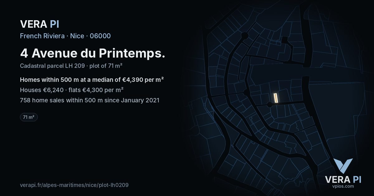 4 Avenue du Printemps, Nice at night – the plot lit, the parcels around coloured by the prices near them