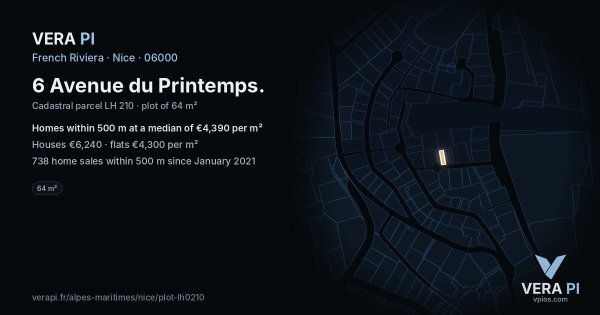 6 Avenue du Printemps, Nice at night – the plot lit, the parcels around coloured by the prices near them