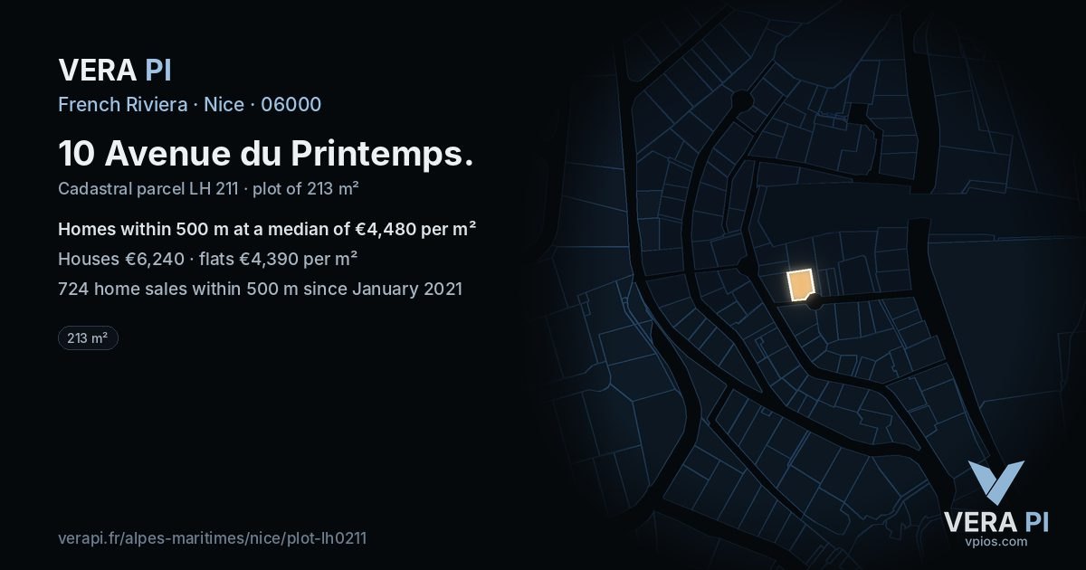 10 Avenue du Printemps, Nice at night – the plot lit, the parcels around coloured by the prices near them
