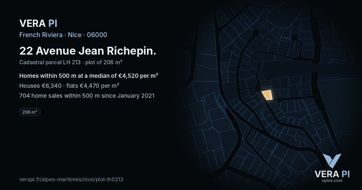 22 Avenue Jean Richepin, Nice at night – the plot lit, the parcels around coloured by the prices near them