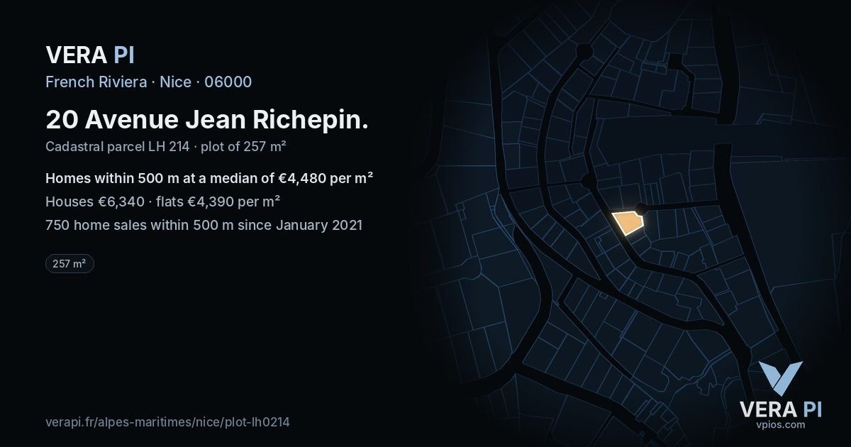 20 Avenue Jean Richepin, Nice at night – the plot lit, the parcels around coloured by the prices near them