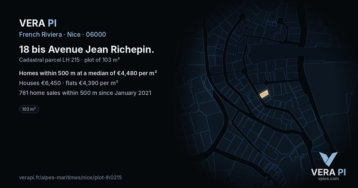 18 bis Avenue Jean Richepin, Nice at night – the plot lit, the parcels around coloured by the prices near them