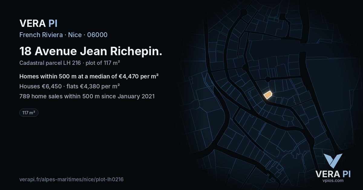 18 Avenue Jean Richepin, Nice at night – the plot lit, the parcels around coloured by the prices near them