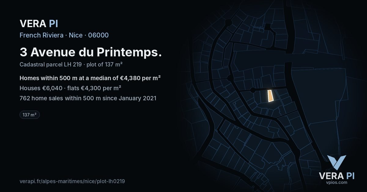 3 Avenue du Printemps, Nice at night – the plot lit, the parcels around coloured by the prices near them